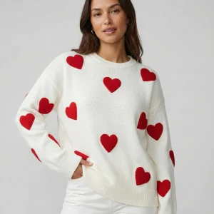 Pull décontracté femme motif cœur rouge blanc