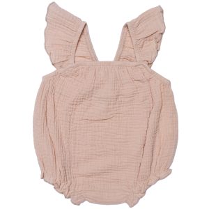 Barboteuse à bretelles volantées - Gaze de coton Biscuit