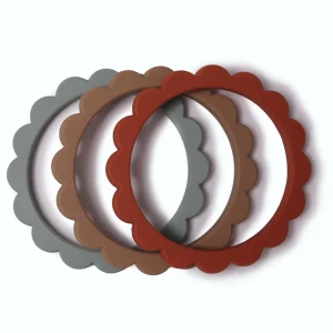 MUSHIE - Bracelet de Dentition Fleur Pack de 3 Bleu Cambridge / Clémentine / Naturel