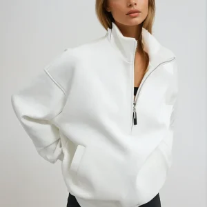 Pull à capuche femme demi-zip oversize blanc en coton