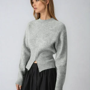 Pull gris femme avec demi-zip et manches longues