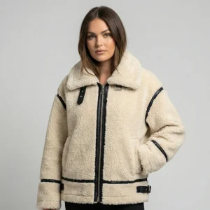 Veste teddy femme beige oversize accents noirs