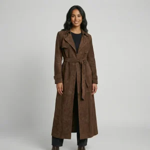 Manteau trench femme marron avec ceinture et revers