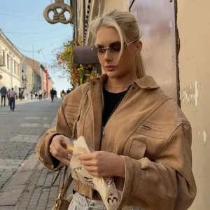 Veste femme suédine marron courte avec zip et poches