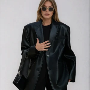 Veste surdimensionnée simili cuir femme à col